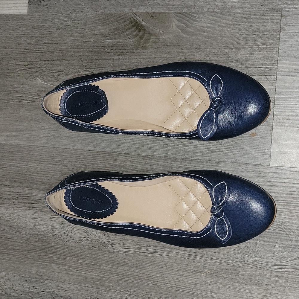 Lands End blue leather flat shoes.  With bow, Size 9.5, used.